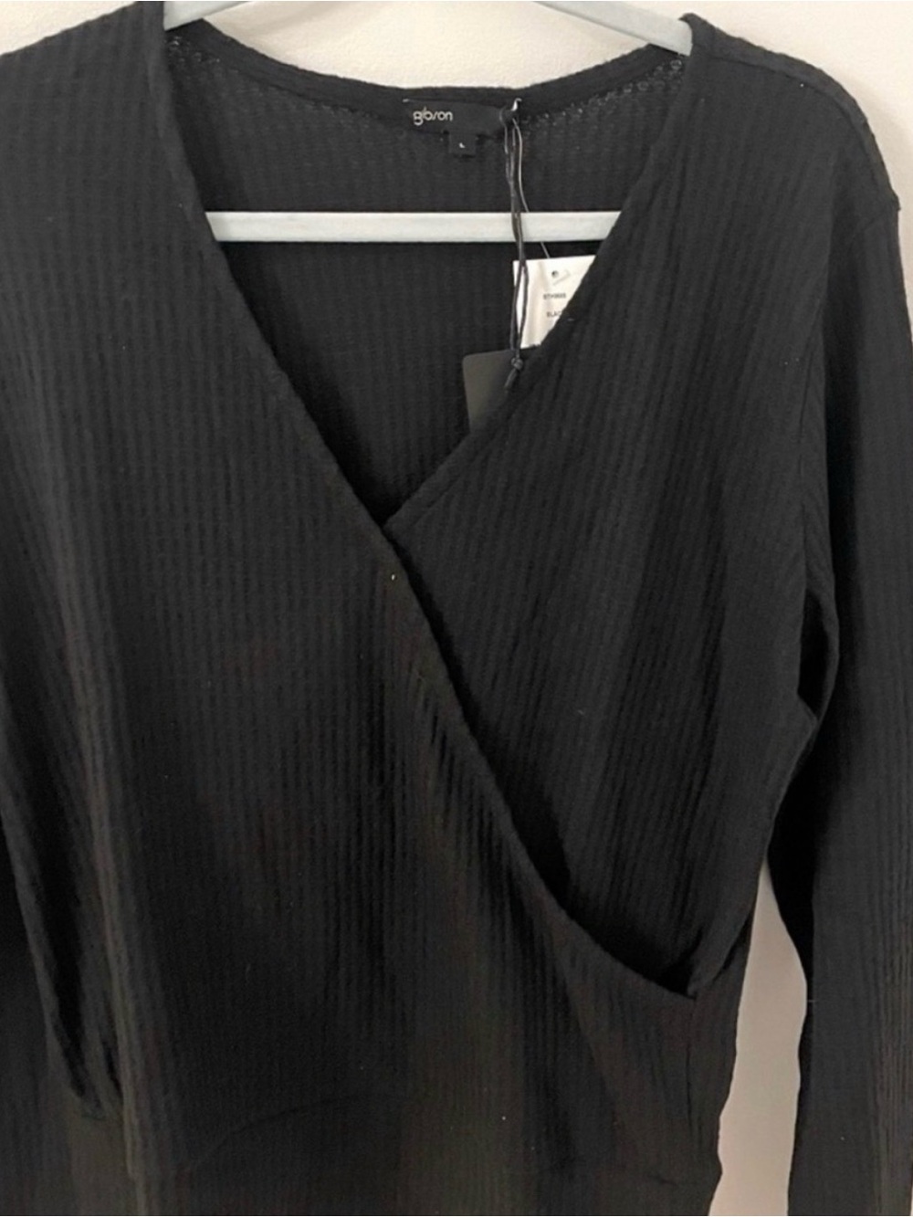 Gibson Black Ribbed Surplice Faux Wrap V-Neck Top Women L NWT
